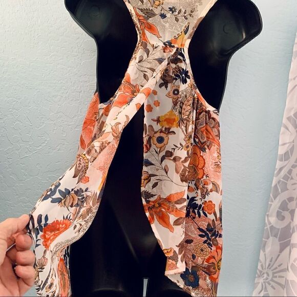 a.gain Tangerine Orange & Cream Floral Open Back Tank Top Size Medium - Picture 9 of 12